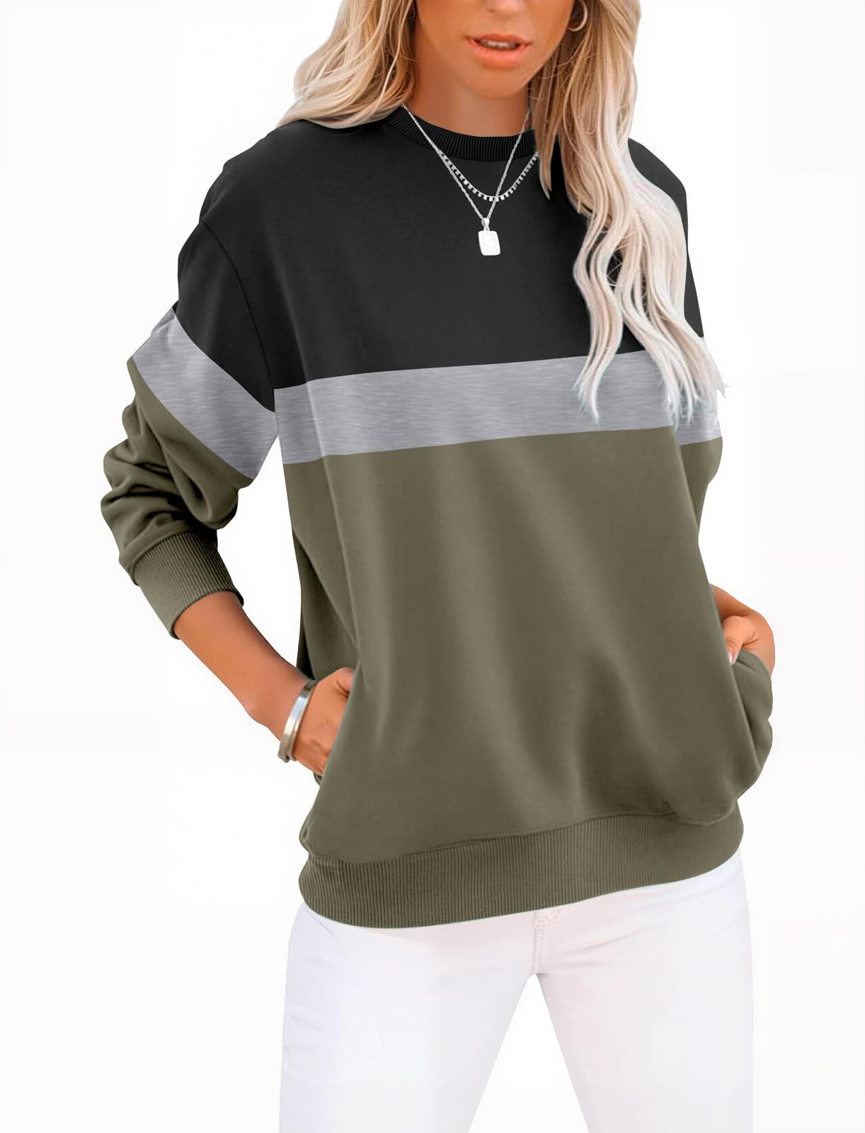 Womens Sweatshirts Cotton Crewneck Tops Long Sleeve Cute Lightweight Fall Winter Loose Casual Pullover with Pockets, Black Green, Large-image-14