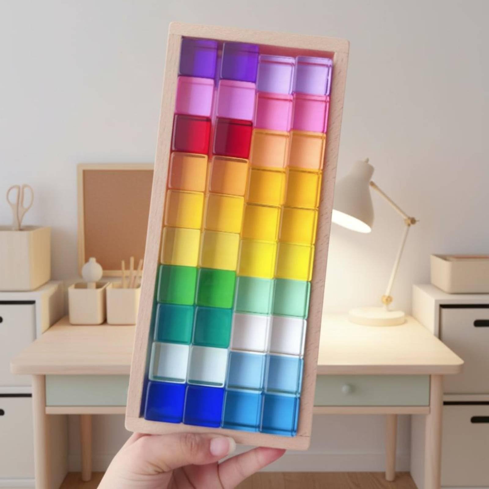Kinder Bausteine Acryl Bausteine Spielsteine Konstruktionssteine mit Farbintensiven Durchscheinenden Elementen Inklusive Holzbox zur Aufbewahrung, Transparente Kombination 5