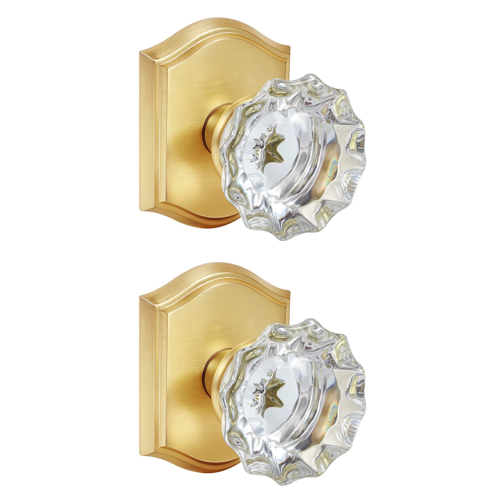 CLCTK 2 Pack Crystal Glass Dummy Door Knobs, Non-Turning Single Side Dummy Door Knob for Interior Doors, Satin Brass