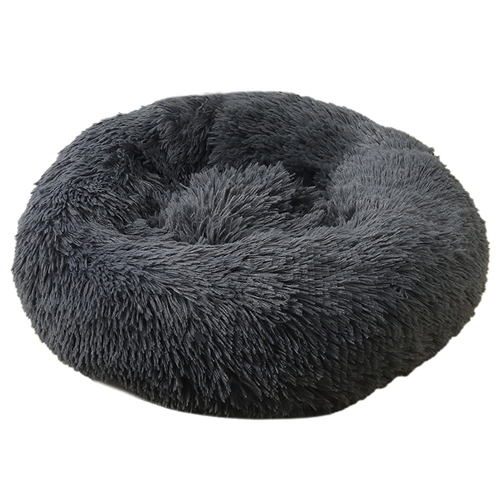 Cozomiz Calming Faux Fur Dog Beds Calming Donut Cuddler Dog Bed Washable Round Cat Bed Pillow Cuddler Fluffy Indoor Dog Calming Beds with Anti Slip Bottom Solid Color Dark Grey 47 Inch