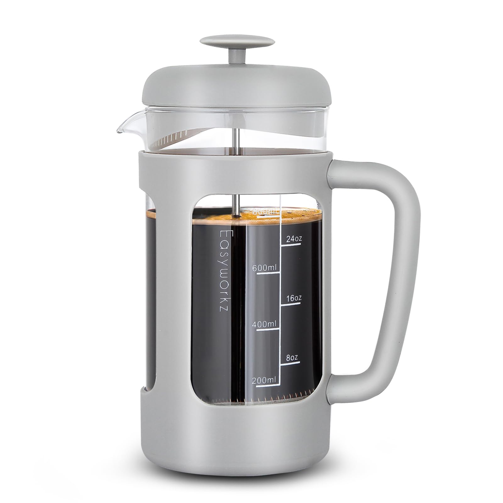 Easyworkz French Press 34 oz Coffee Tea Maker with Borosilicate Glass,Soft Grip Handle,Light Grey