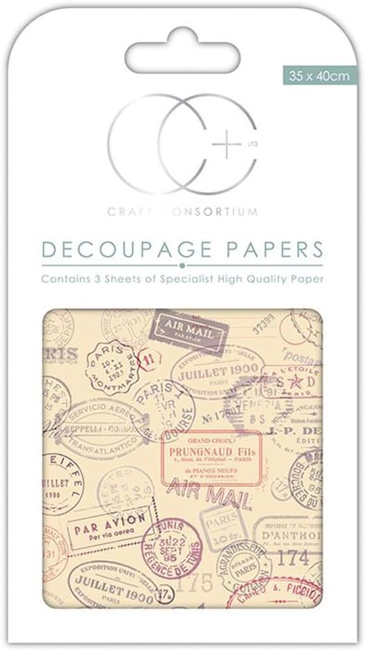 Craft Consortium CCDECP135 Decoupage Papers (3 Pack), 13.75" x 15.75", Travel Stamps, Multicolor