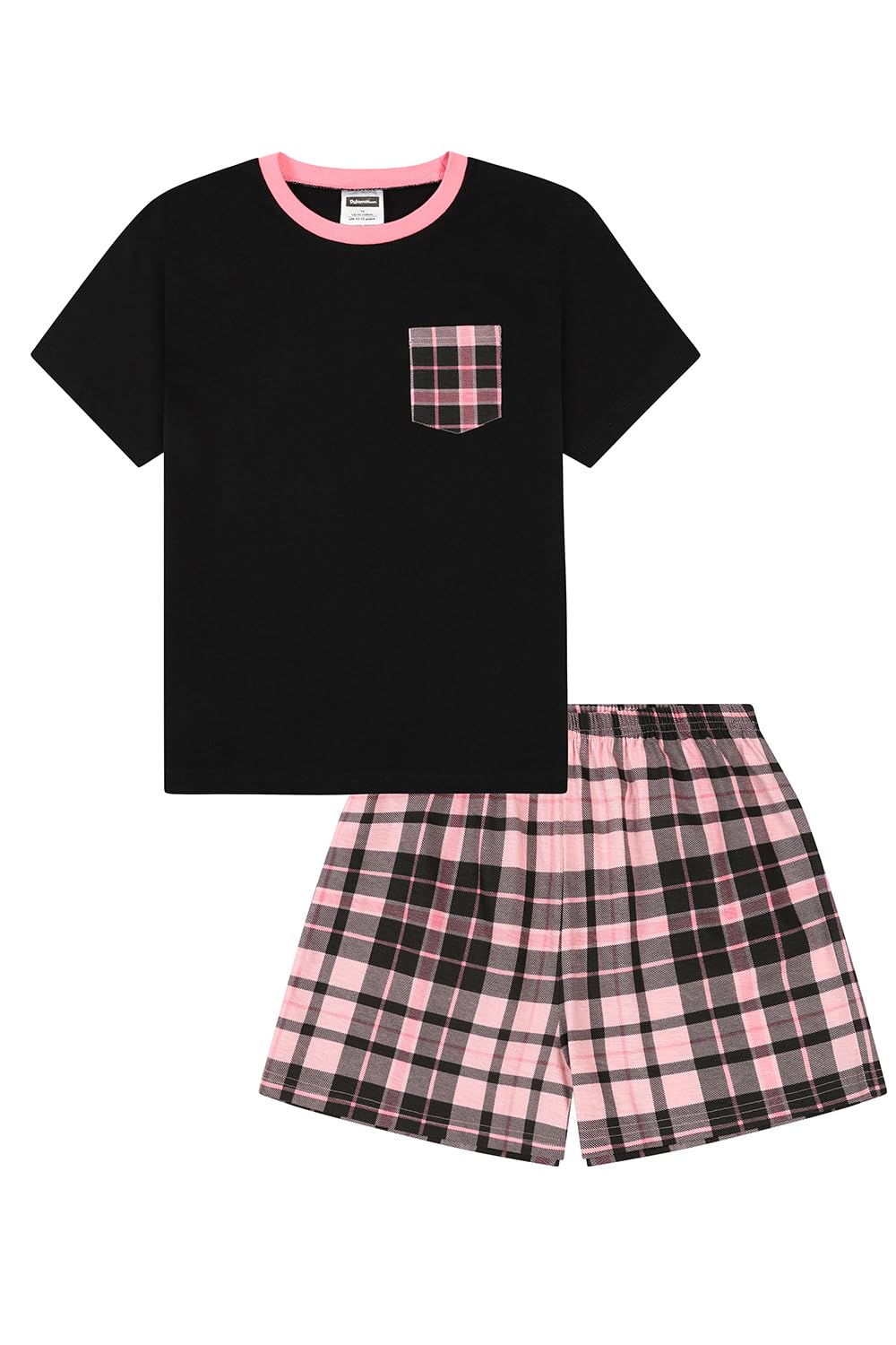 Thepyjamafactory Girls Black And Pink Tartan Check Short Pyjama Set Pjs For Kids (9-10 Years)