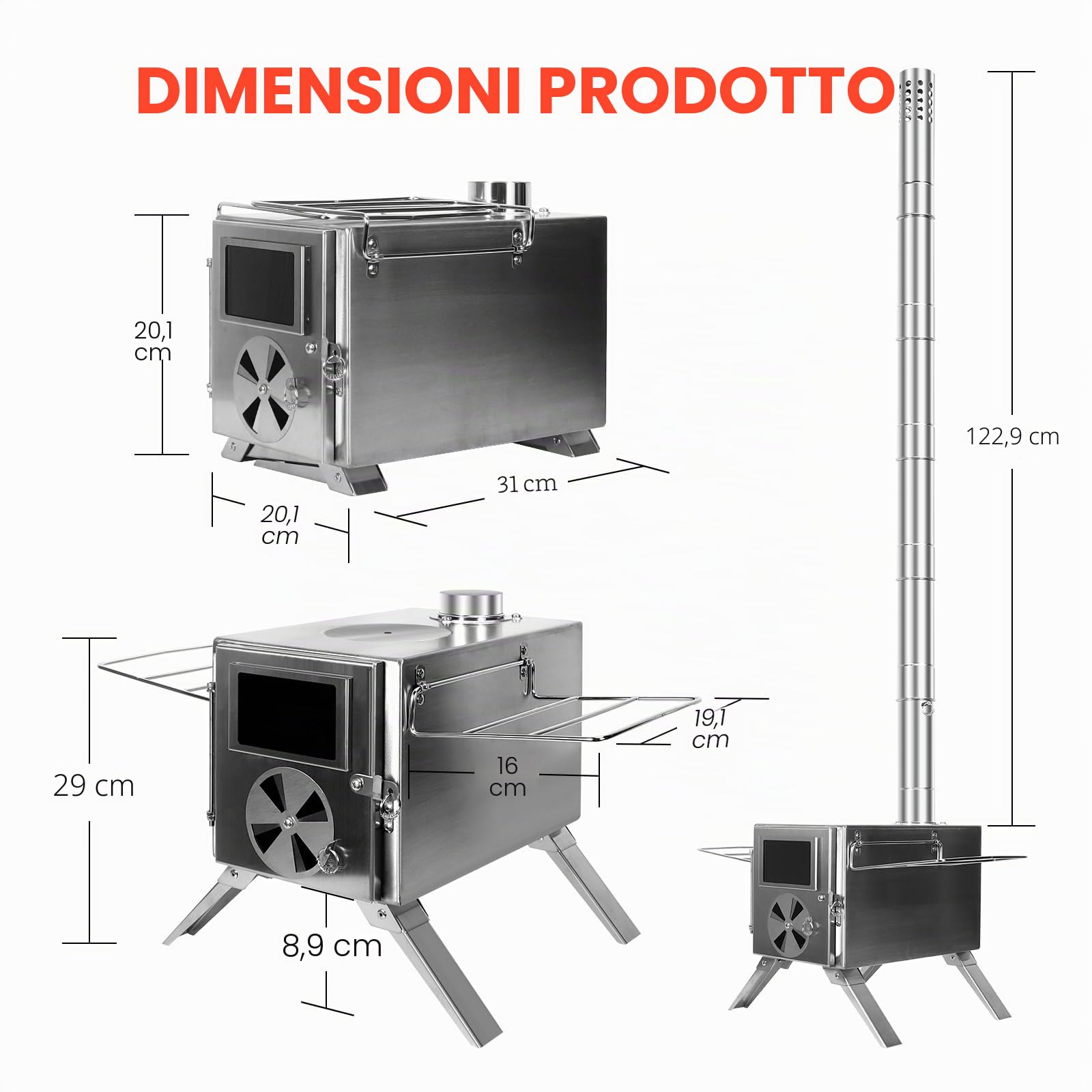 SOPPY - Mini stufa a legna da campeggio, portatile, in acciaio inox, con tubi per camino, pentole da campeggio per campeggio, riscaldamento, alloggio e cucina, argento