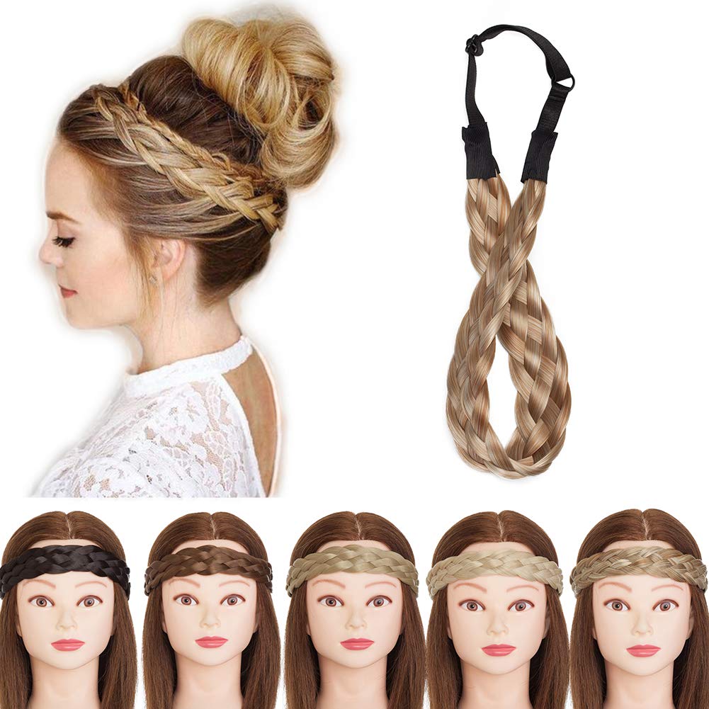 Twist Braided Hair Headbands 5 Strands Synthetic Hair Classic Chunky Wide Braids Elastic Stretch Plaited Braid Hairpiece Women Beauty Accessory 30g 1 inch wide 26/88 Light Brown mix Dark Blonde