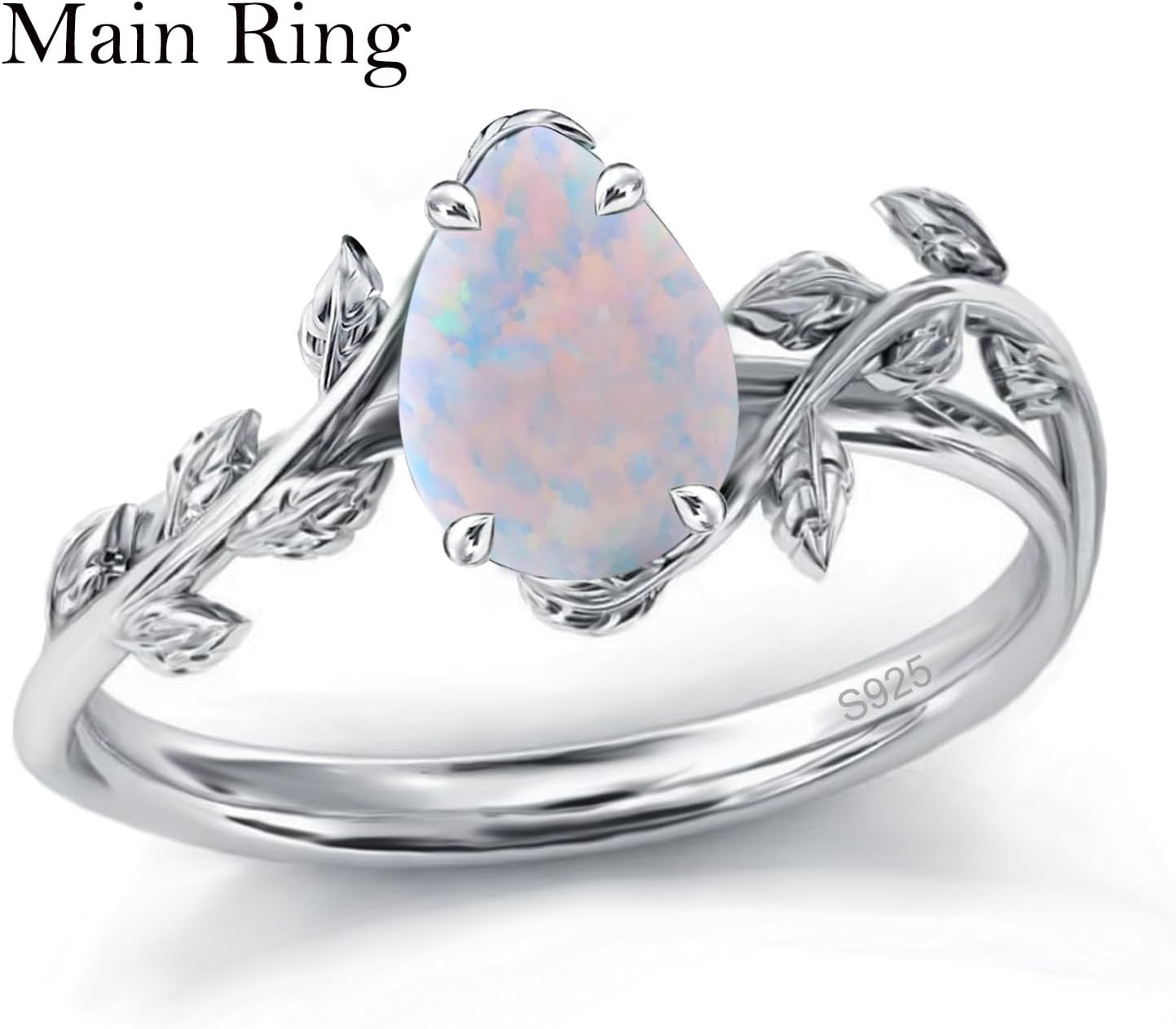 Natural Moss Agate Ring Set 925 Sterling Silver and Pear Birthstone Ring Set Leaf Birthday Engagement Wedding Promise Ring for Her Birthday Christmas Jewelry Gift for Women