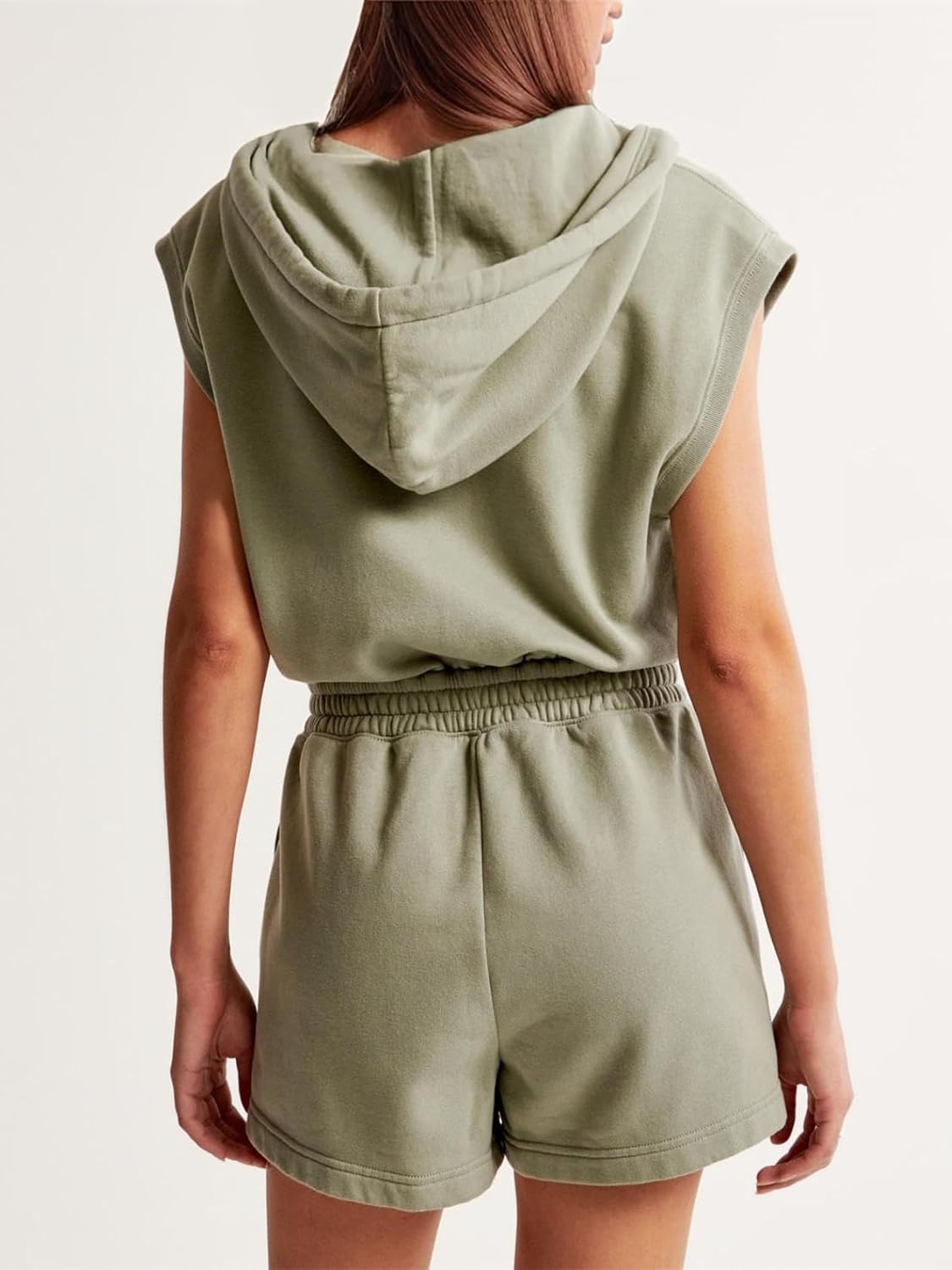 Womens Hooded Romper Half Zipper Hoodie One Piece Utility Cap Sleeve Athletic Short Jumpsuit with Pockets