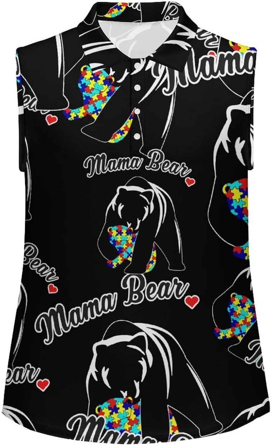 Funny Bear Autism Awareness Women's Golf Shirt Sleeveless Polo Shirts Tank Tops Blouses Tennis T-Shirts Casual