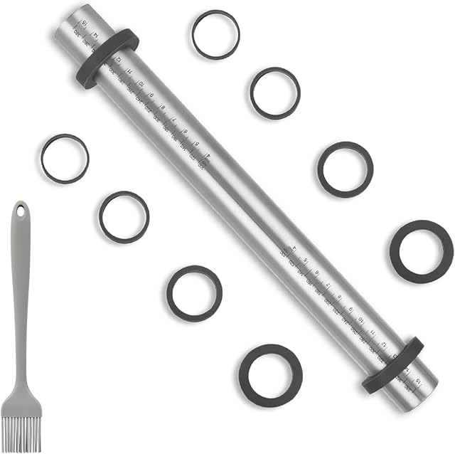 Adjustable Stainless Steel Rolling Pin with Removable Silicone Thickness Guide Rings- Non-Stick Dough Roller for Baking, Pizza, Pasta, Pie Crust, Cookie, Pastry, Fondant Icing - Dishwasher Safe- 40cm