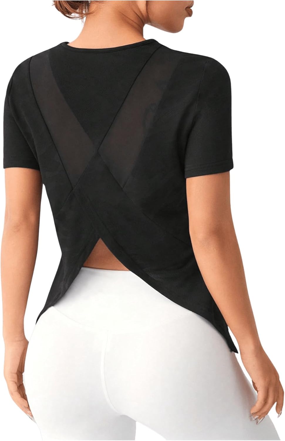 OYOANGLE Women's Camo Workout Gym Shirts Open Back Crew Neck Short Sleeve Loose Sports Athletic T Shirt