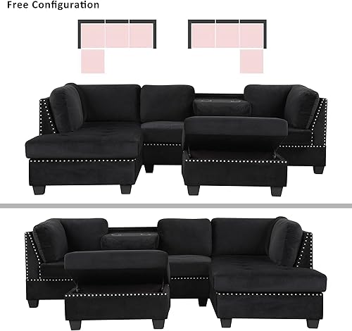 Miniatura 9 de L Shaped Modular Sectional Sofa with Chaise Lounge and Storage Ottoman , Reversible Sleeper Corner Couch w Drop Down Backrest & Cupholders ,5