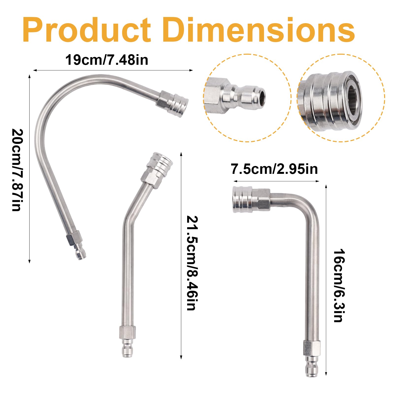 3pz Prolunghe per Idropulitrice, Attacco Pulizia delle Grondaie con Asta Curva da 30° 90° e 120° con Attacco Rapido 1/4" e Prolunga 4000 PSI per Idropulitrice (Argento)