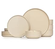 Dinnerware Set, 12 Piece Service for 4, by Kook, Ceramic 10.5” Dinner Plates, 8.2” Salad Plates and 25 oz Soup Bowls, Stoneware, 12 Piece Set, Somerset Collection (Beige)