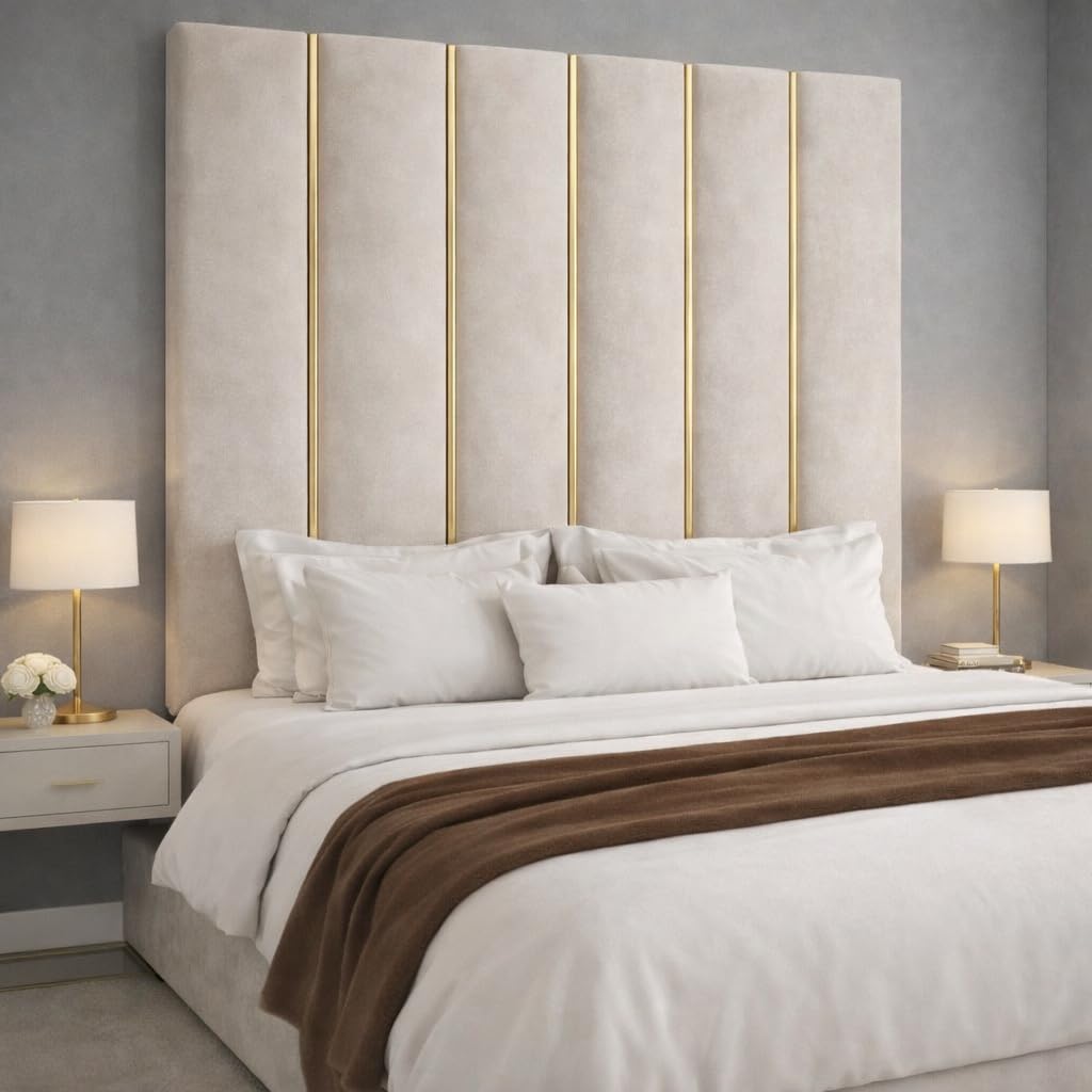 Spring Well Extra Tall Wall-Mounted Upholstered Headboard, Plush Velvet with Gold Trim Panel Design, Single to Super King, 90-127cm Height (Mink, 4ft6 Double-127cmTall)