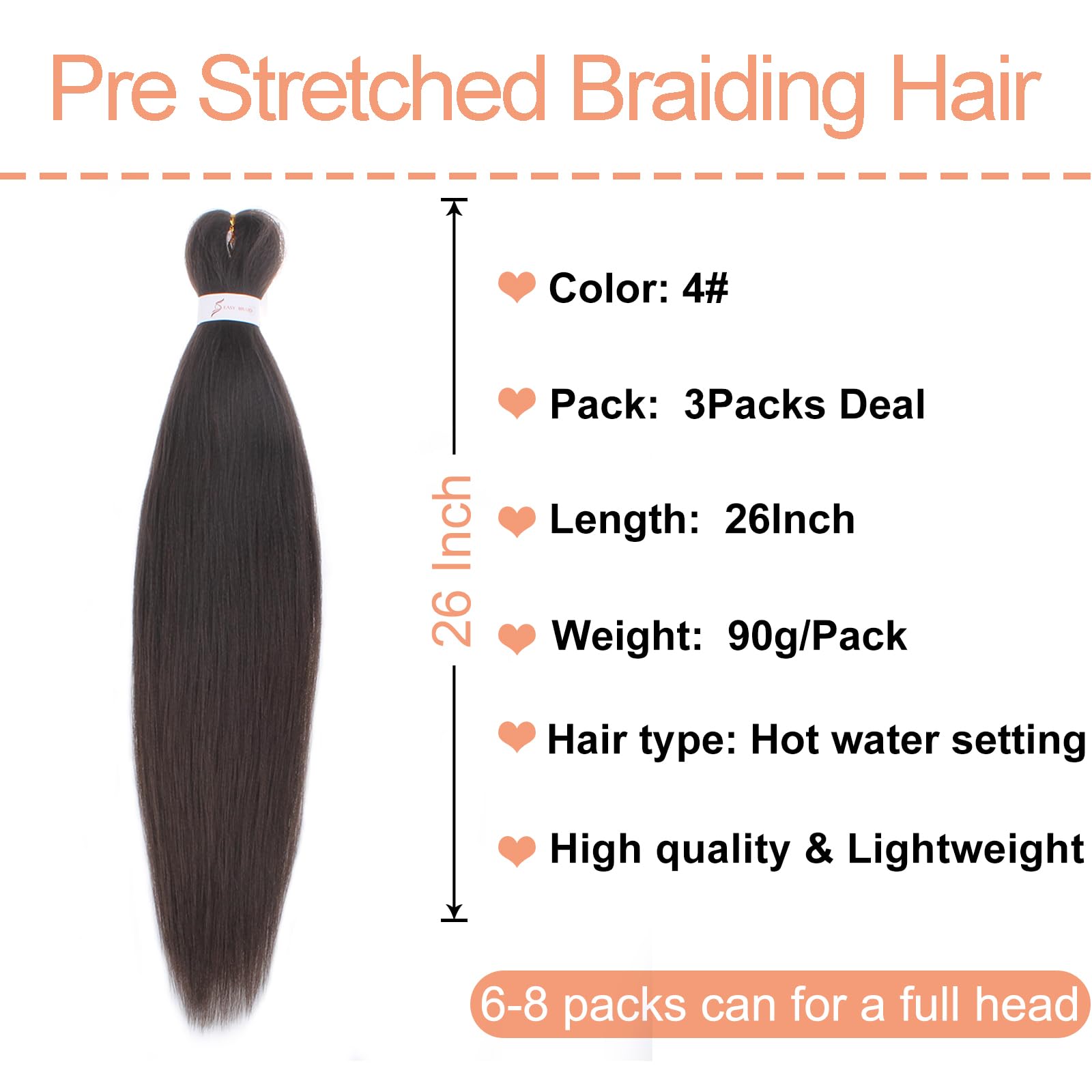 Mscat 26 Inch 3 Packs Pre Stretched Braiding Hair Dark Brown Pre Stretched Braiding Professional Synthetic Prestretched Crochet Braids Hair Extension Hot Water Setting Yaki Texture (4#) - Image 2