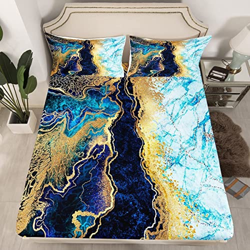 Marble Bed Sheets King,Marble Like Burning Mountain Printed Bedding Set,Retro Style Watercolor Abstract Artwork Design Sheet Set,Ultra Soft Gold Blue 1 Fitted Sheet & 1 Top Sheet & 2 Pillowcases #TOP1
