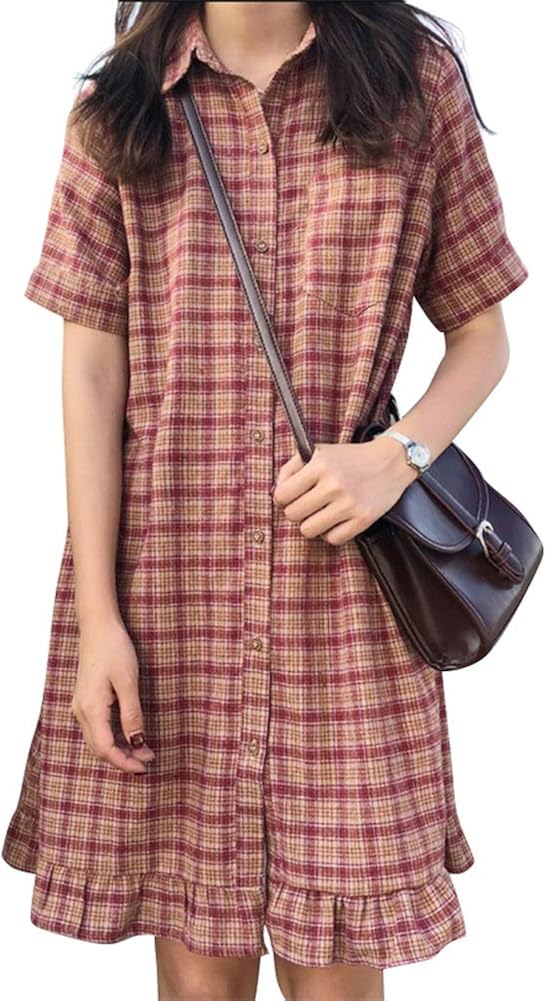 チューカー レディース ワンピース チェック柄 Poloネック シャツワンピース 半袖 夏 ドレス 森ガール系 通学 デート 膝丈 チュニック フリル 着痩せ チェックワンピース ファッション