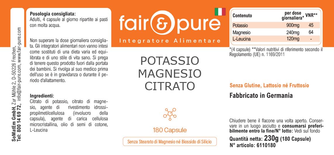 Fair & Pure® - Potassio e magnesio in capsule - Citrato di magnesio e citrato di potassio - Vegan - Minerali essenziali - 180 Capsule