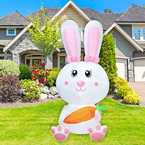 Easter Inflatable Bunny Holds Carrot Happy Easter Blow up Outdoor Decoration with LED Lights, Yard Garden Lawn Outdoor Decoration Front Door Holiday Decor (6 FT White Bunny)