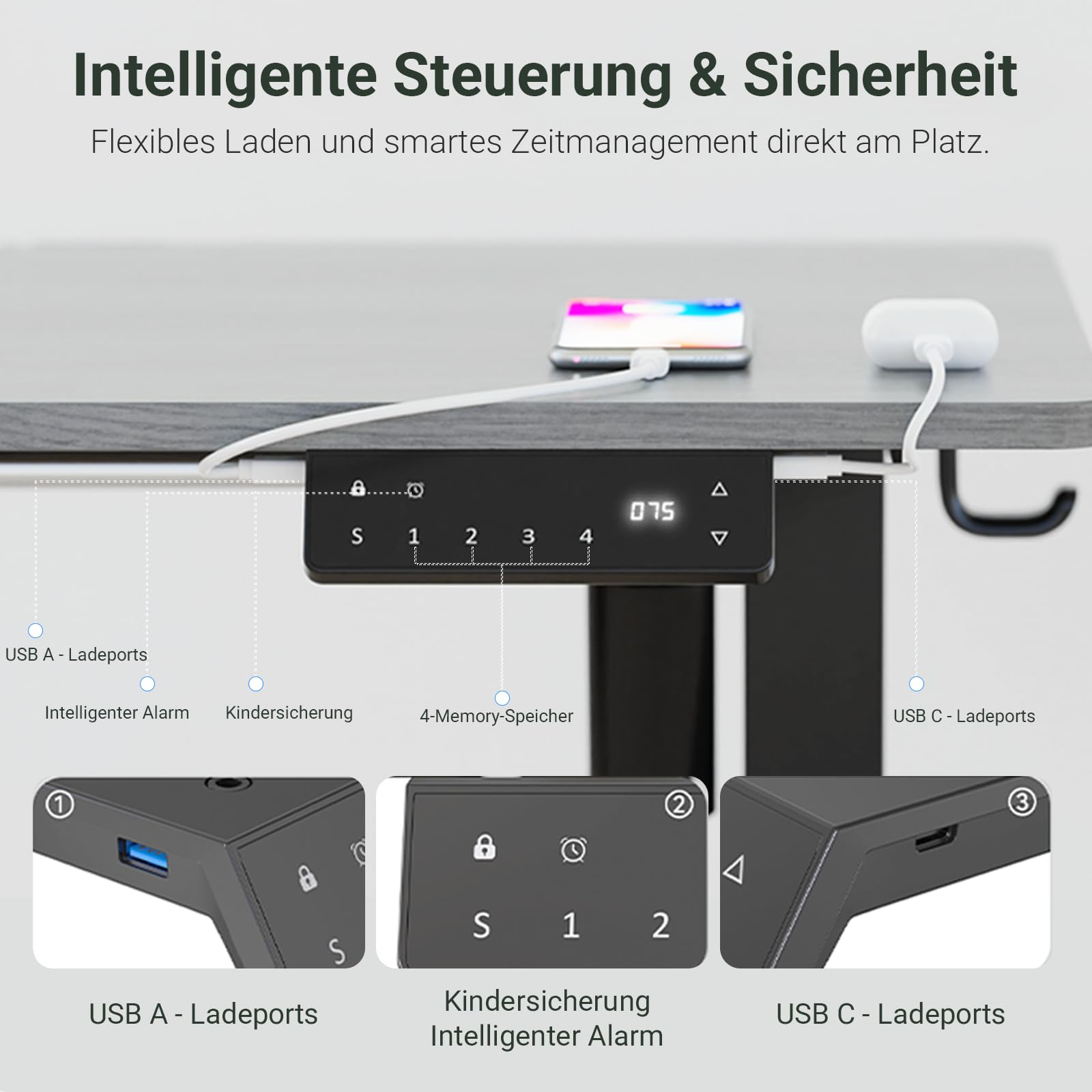 Höhenverstellbarer Schreibtisch 80x48cm | mit USB-A/C, Schreibtisch Höhenverstellbar Elektrisch, Ergonomischer Steh-Sitz Computertisch für Homeoffice und Büro