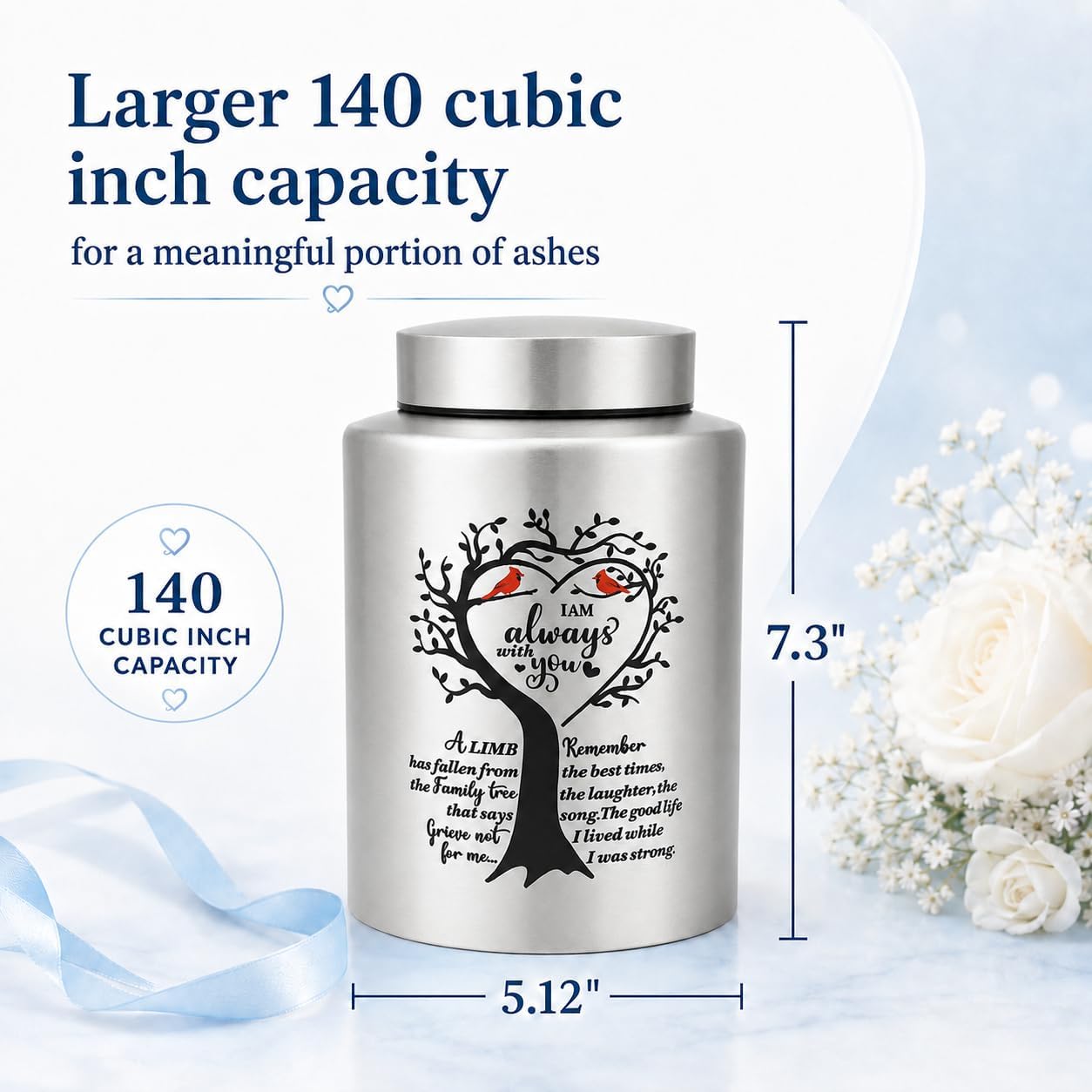 7.3 Inch Medium Urns for Human Ashes, Cremation Urn for Human Ashes, 140 Cubic Inches Decorative Stainless Steel Funeral Memorial Keepsake Urn with Two Cardinal Birds, Silver