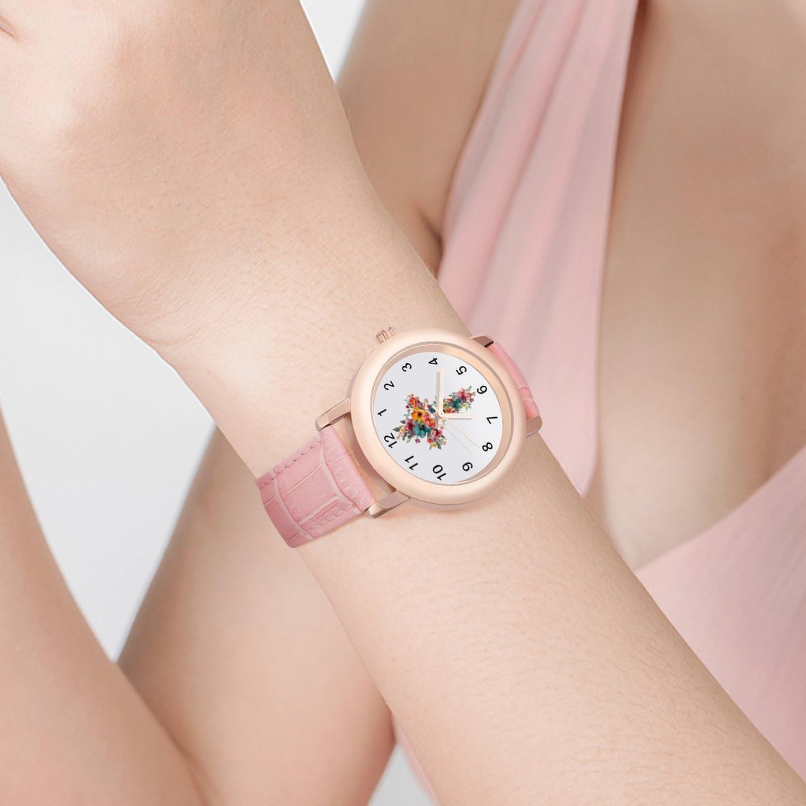 Floral C-Ross Damen-Armbanduhr, leicht ablesbar, flexibel, drei Zeiger, rundes Gehäuse, Quarzuhr für kleine Handgelenke