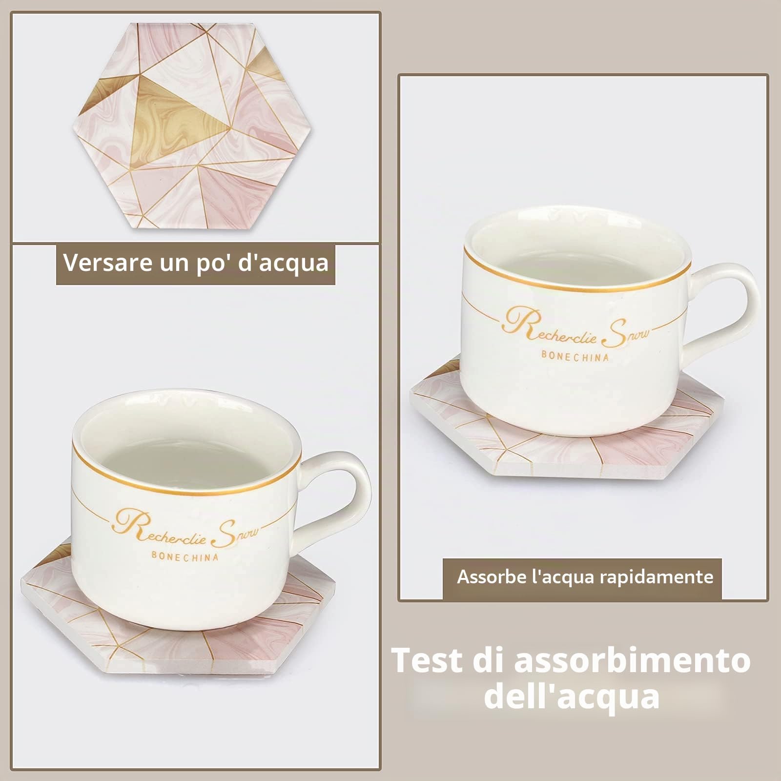 6 sottobicchieri in marmo rosa con supporto sottobicchieri assorbenti oro sottobicchieri esagonali in ceramica sottobicchiere da tavolo Ser decorativo bar sottobicchieri per vino