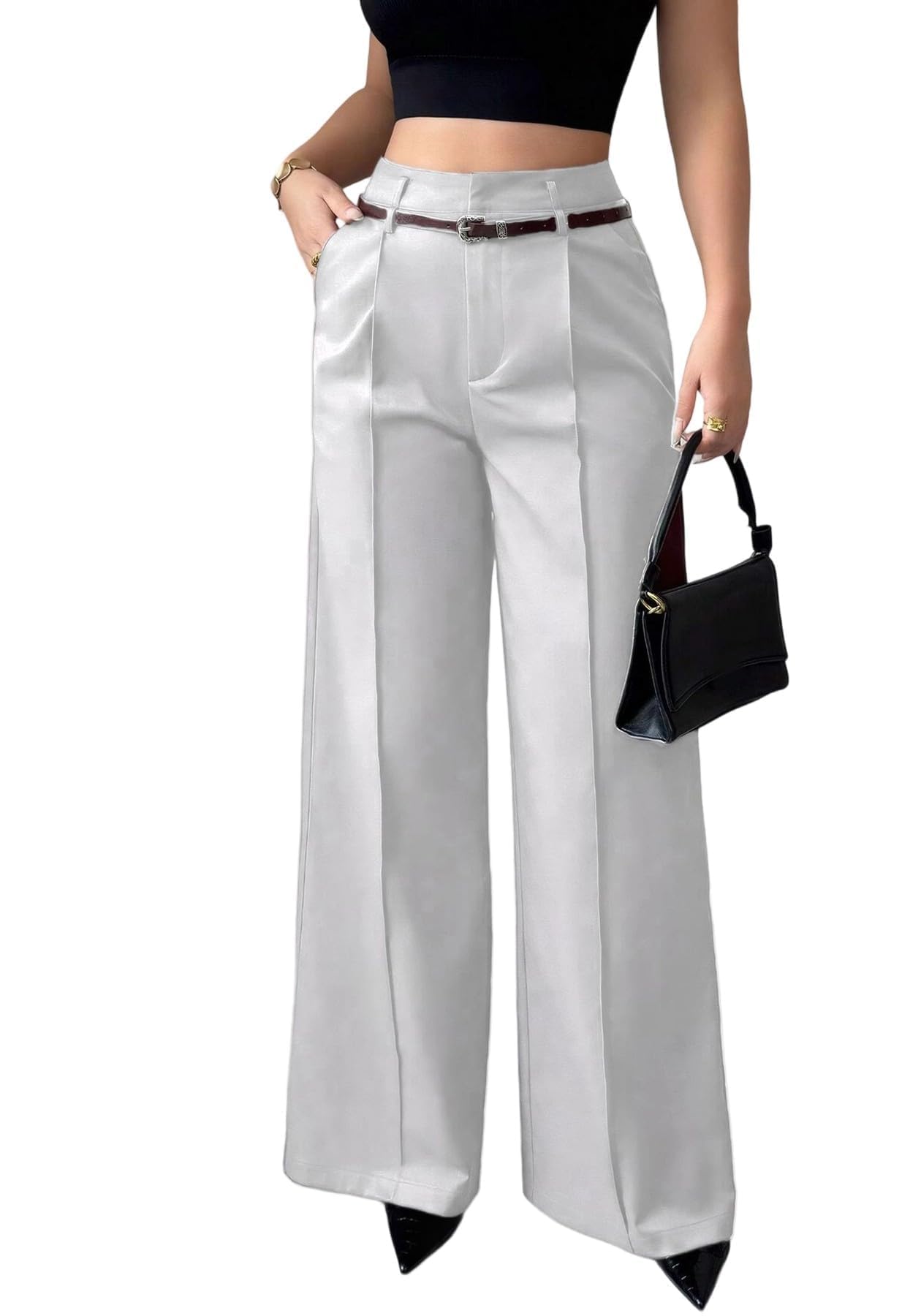 Unybwonn Womens Wide Leg Dress Pants High Waisted Straight Leg Slacks Business Office Work Pants Trousers with Belts