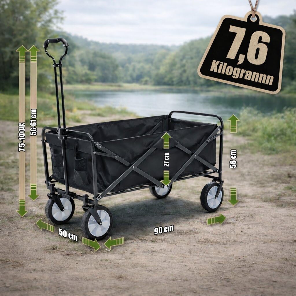 BigDean Bollerwagen faltbar 105L bis 100 kg belastbar klappbarer Handwagen | mit ausziehbarer Deichsel & Netztaschen – Bollerwagen faltbar Kinder Faltbarer Bollerwagen