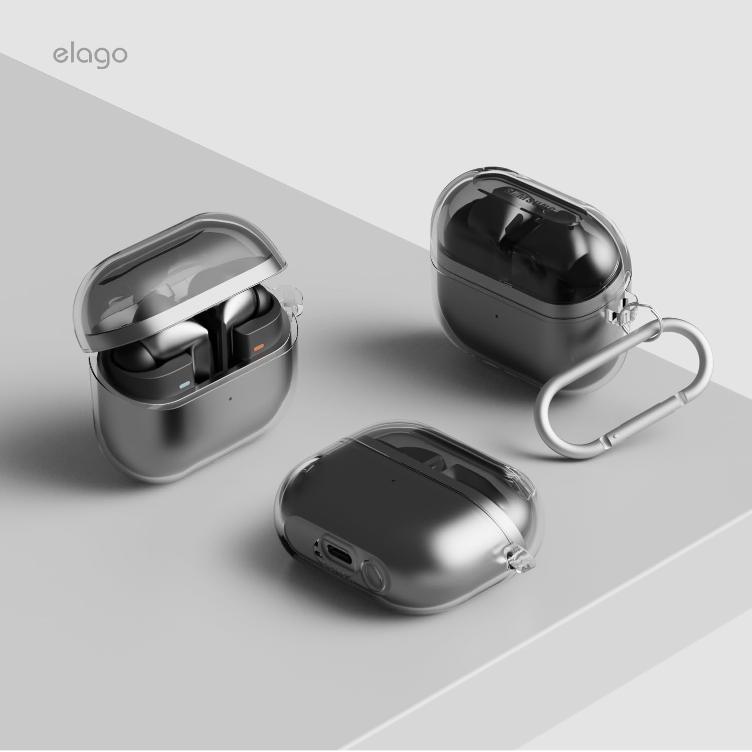 elago Custodia Trasparente per Samsung Galaxy Buds 3 & Buds 3 Pro & Buds FE 3, con Moschettone, Cover in TPU Premium, Ricarica Wireless, Accessori per Cuffie (Trasparente)