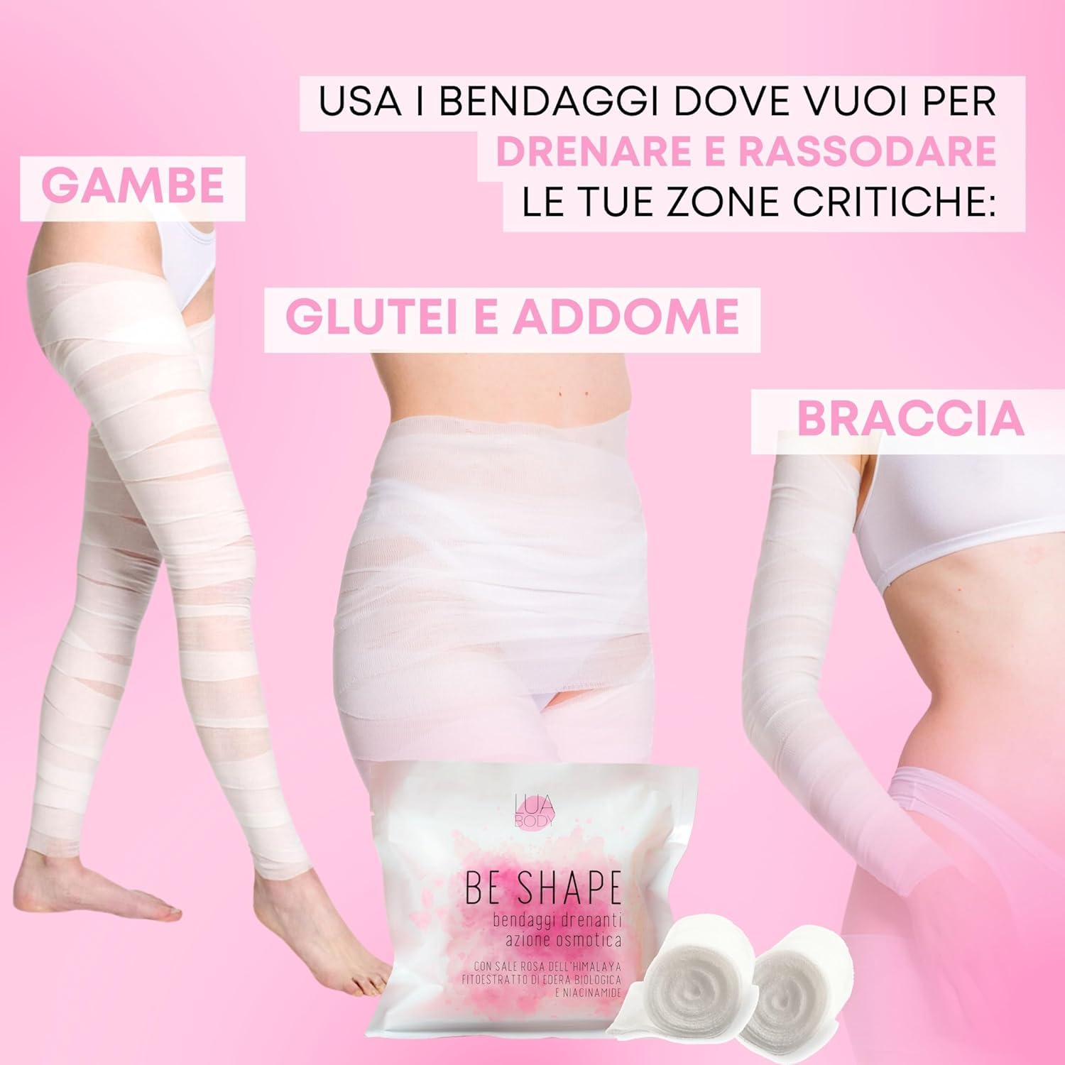 Kit 3 Bendaggi Drenanti al Sale Rosa dell’Himalaya – Trattamento Anticellulite Professionale per Gambe Leggere, Rassodante e Tonificante, bende Ritenzione Idrica e Buccia d’Arancia – Made in Italy