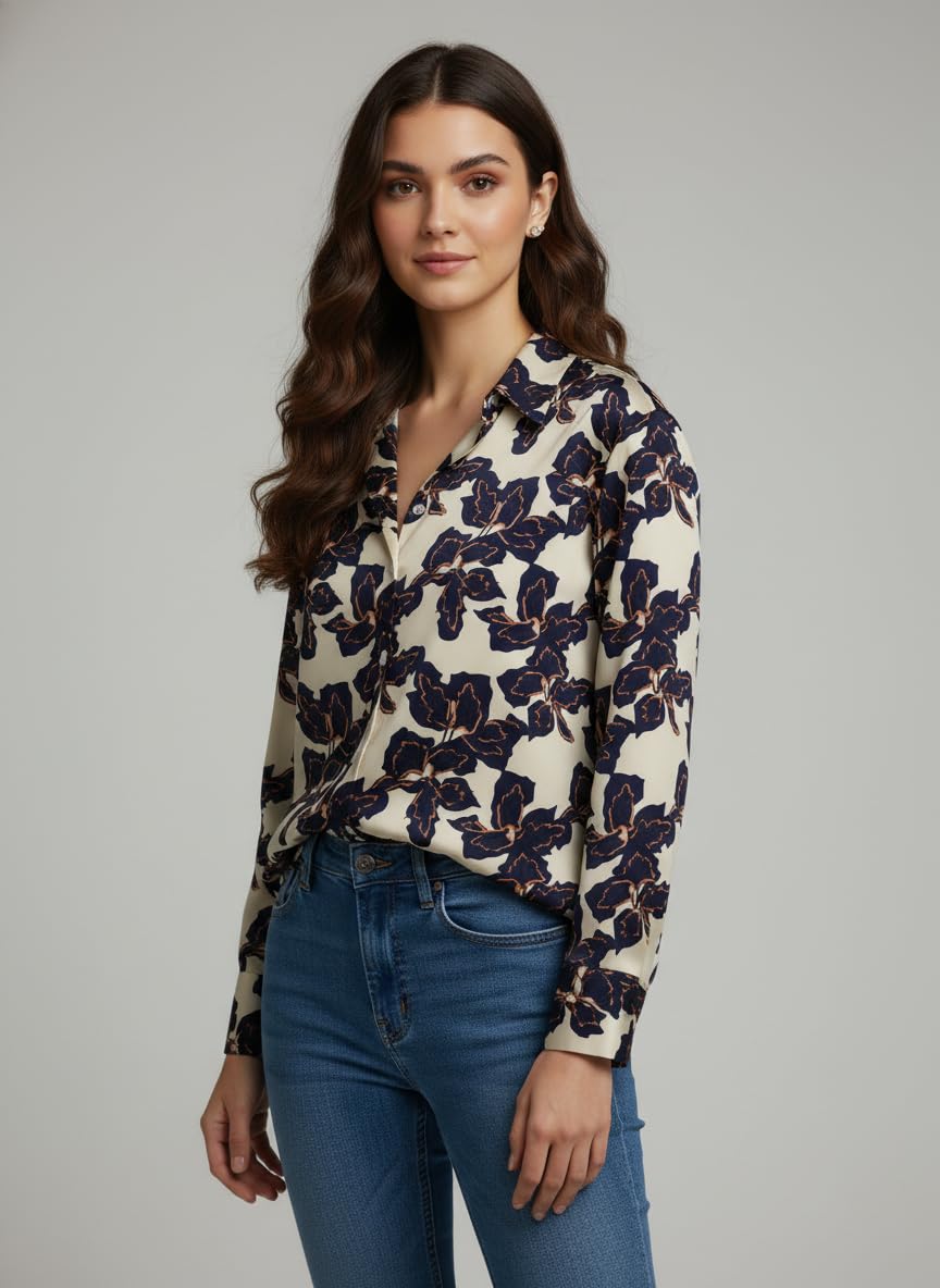 ANNI Designer Bedrucktes Damenhemd aus Baumwollmischgewebe, langärmelig, normale Passform, Hemdkragen, legere Bürokleidung, elegante Western-Kleidung für den Alltag, Hochzeit, Party