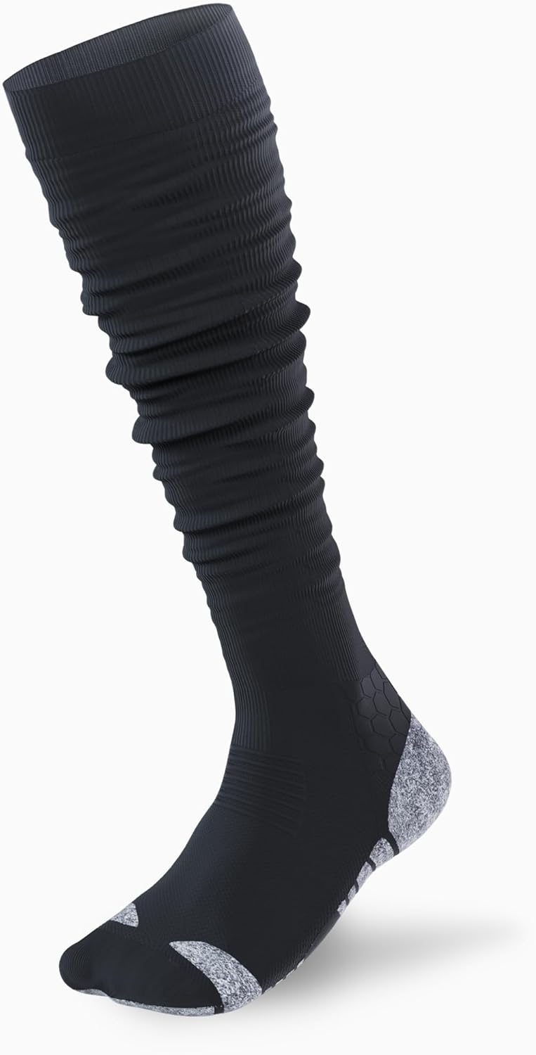 KUTFTBL Pre-Scrunched Football Socks with Built-In Elastic Bands & Extra Long Pre-Scrunched Leg Sleeves with Hidden Elastic Bands - Black