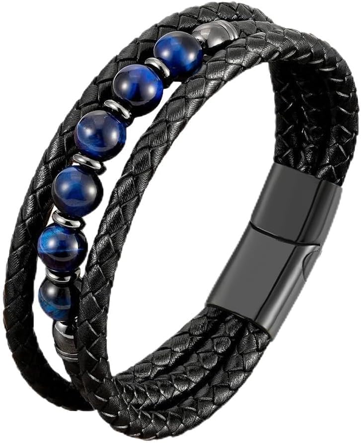 Tiger Eye Leather Bracelet for Men,3 Layer Multi-Layer Braided Leather Bracelet With Natural Tiger Eyes Gemstone 361L Stainless Steel Clasp Cuff Wristband Jewelry for Men Father