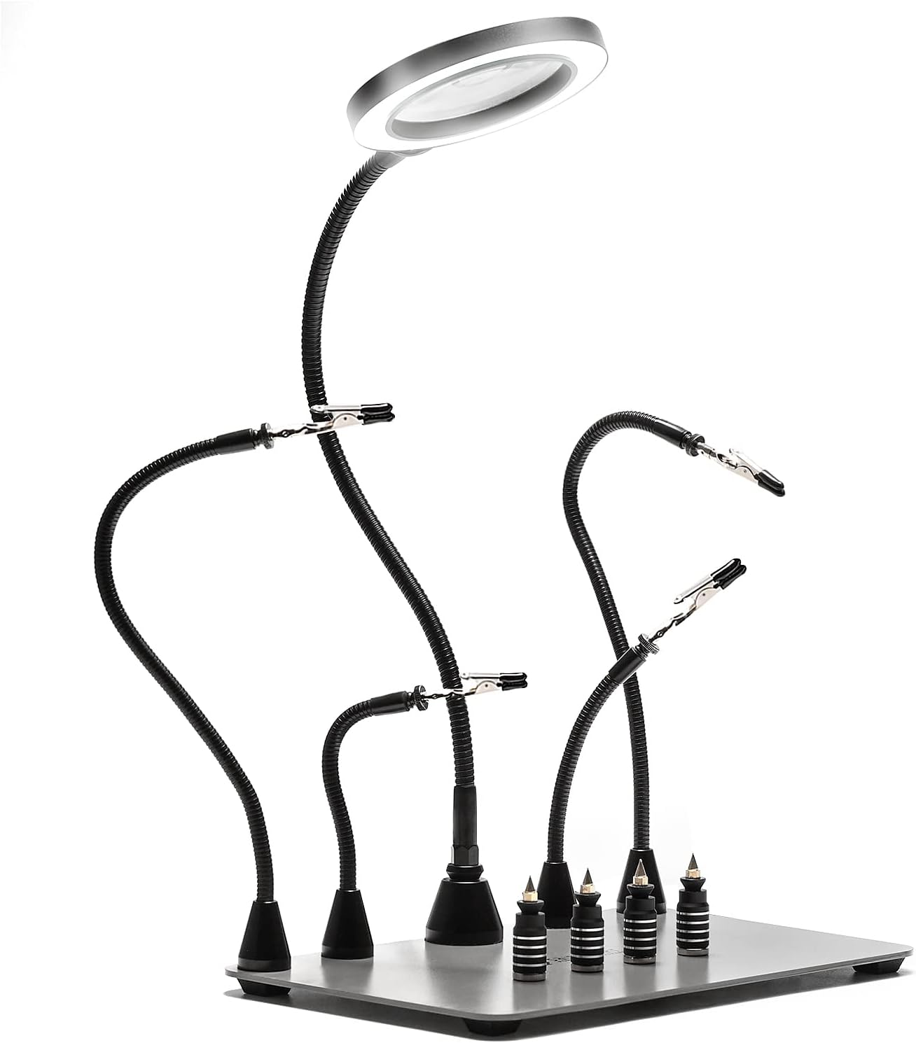SainSmart Magnetic Soldering Iron Stand, 5x LED Magnifier Light, 4 Magnetic Flexible Arms, 4 PCB Holder with Steel Base, Soldering Iron Fixing Tool, Precision Work Clip DIY