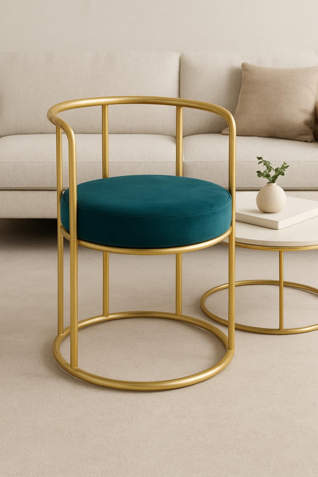 Modern Round Ottoman with Gold Metal Frame, Pink Velvet Upholstered Accent Chair, Contemporary Bedroom Vanity Stool (Green)-image-33
