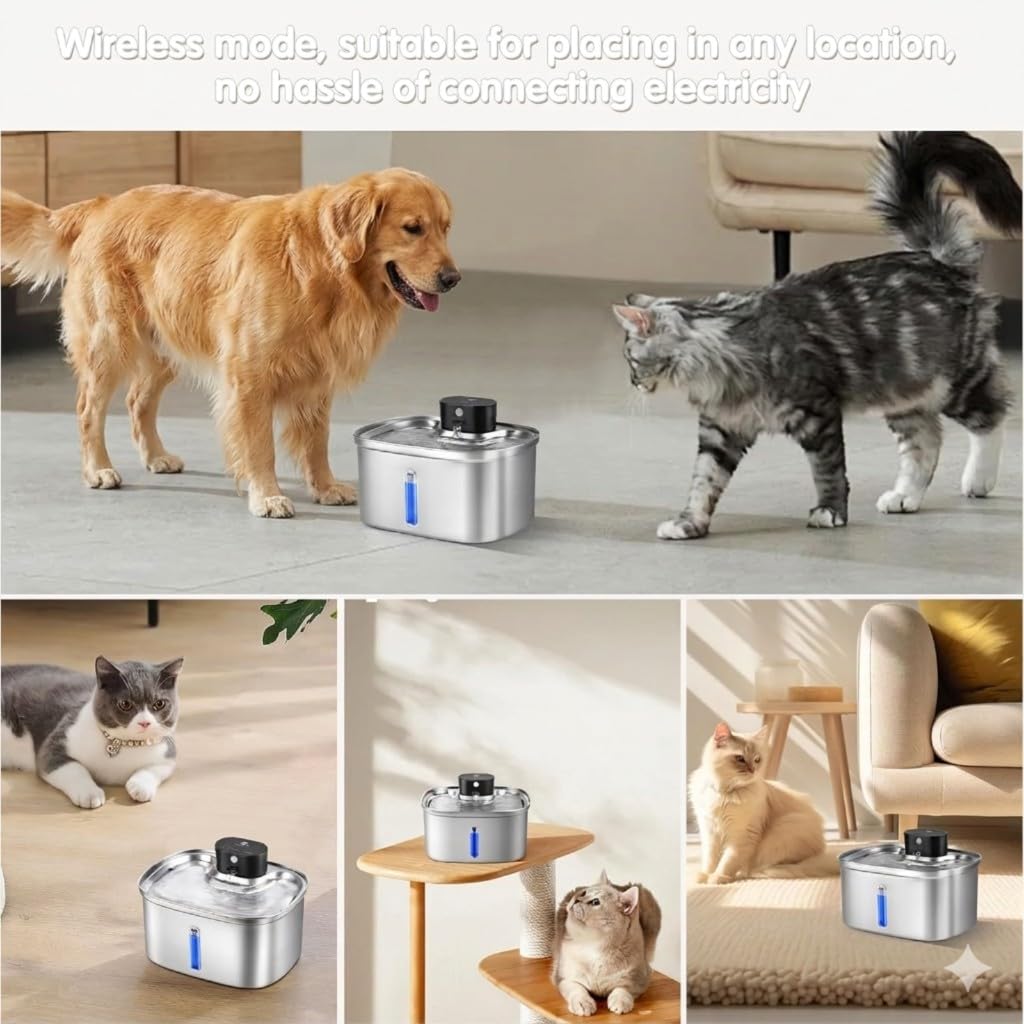 Fuente de Agua automática para Mascotas Acero 5L dispensador automático con batería 5000mAh 3 Modos Flujo Bomba Ultra silenciosa y 6 filtros Repuesto Gatos Perros