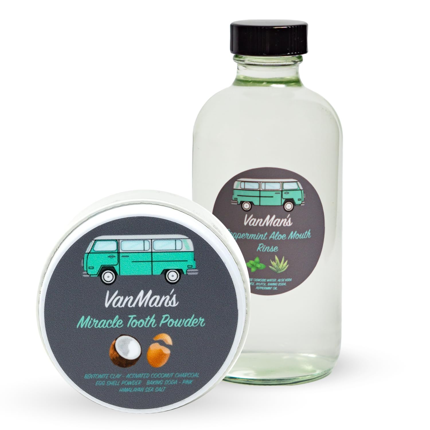 Vanman's - Oral Mouth Care Kit with Powder Toothpaste (2.2 Ounce) and Oral Rinse Mouthwash (8.8 Ounce) - Aloe, Mint Remineralizing Mouthwash and Tooth Powder with Coconut Charcoal, Egg Shell
