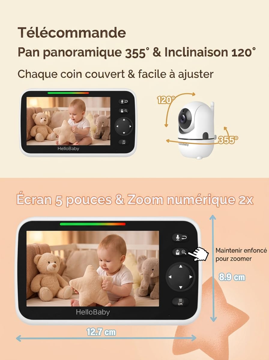HelloBaby Babyphone avec caméra, sans WiFi, 5" IPS, HB6550, 3500 mAh | Caméra filaire, Rotation à 355°, Zoom inclinable à 120°, Audio bidirectionnel