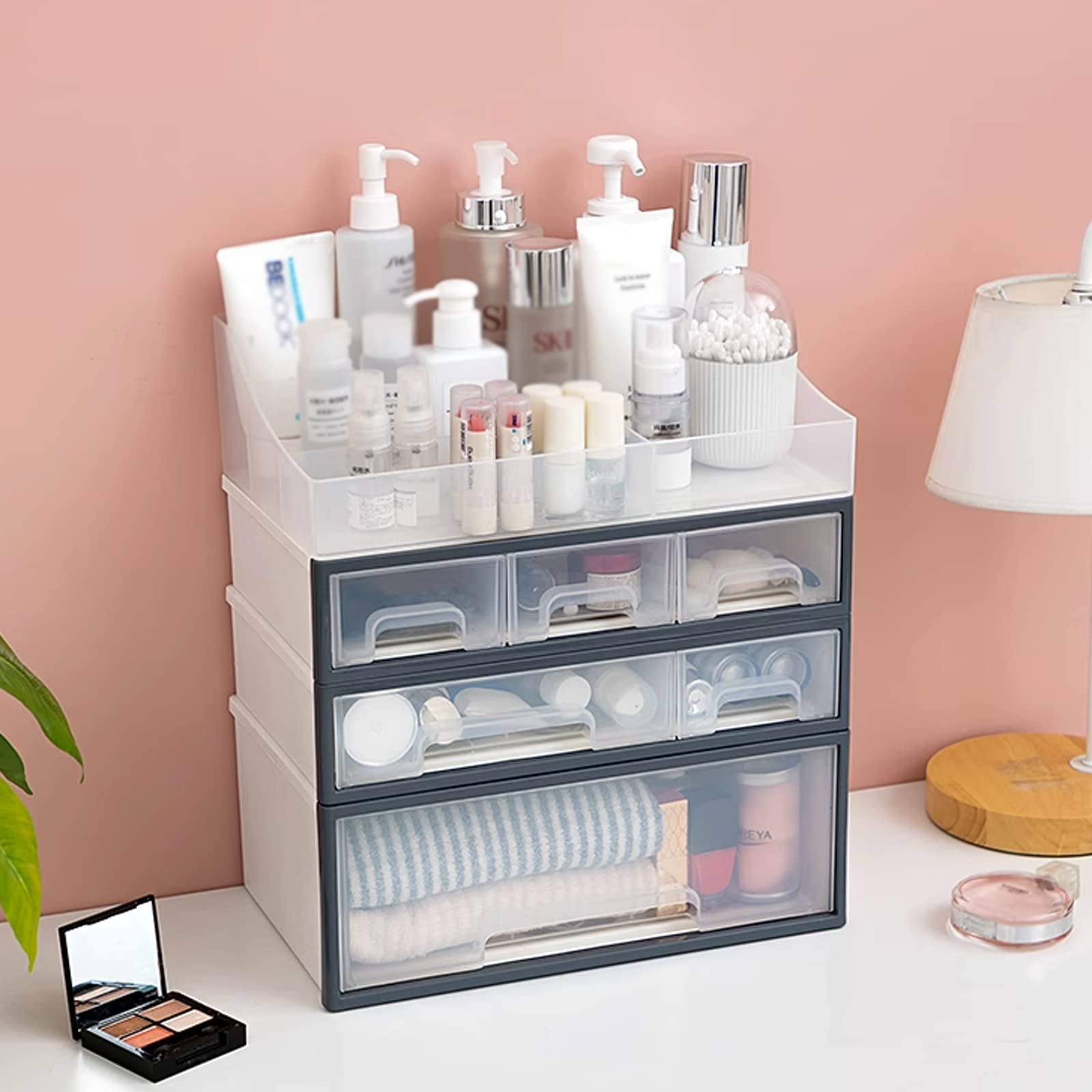 Boîte de rangement pour cosmétiques, organisateur de maquillage avec tiroirs, empilable, pour soins de la peau et bijoux, idéale pour les pinceaux, rouges à lèvres, vernis à ongles et accessoires