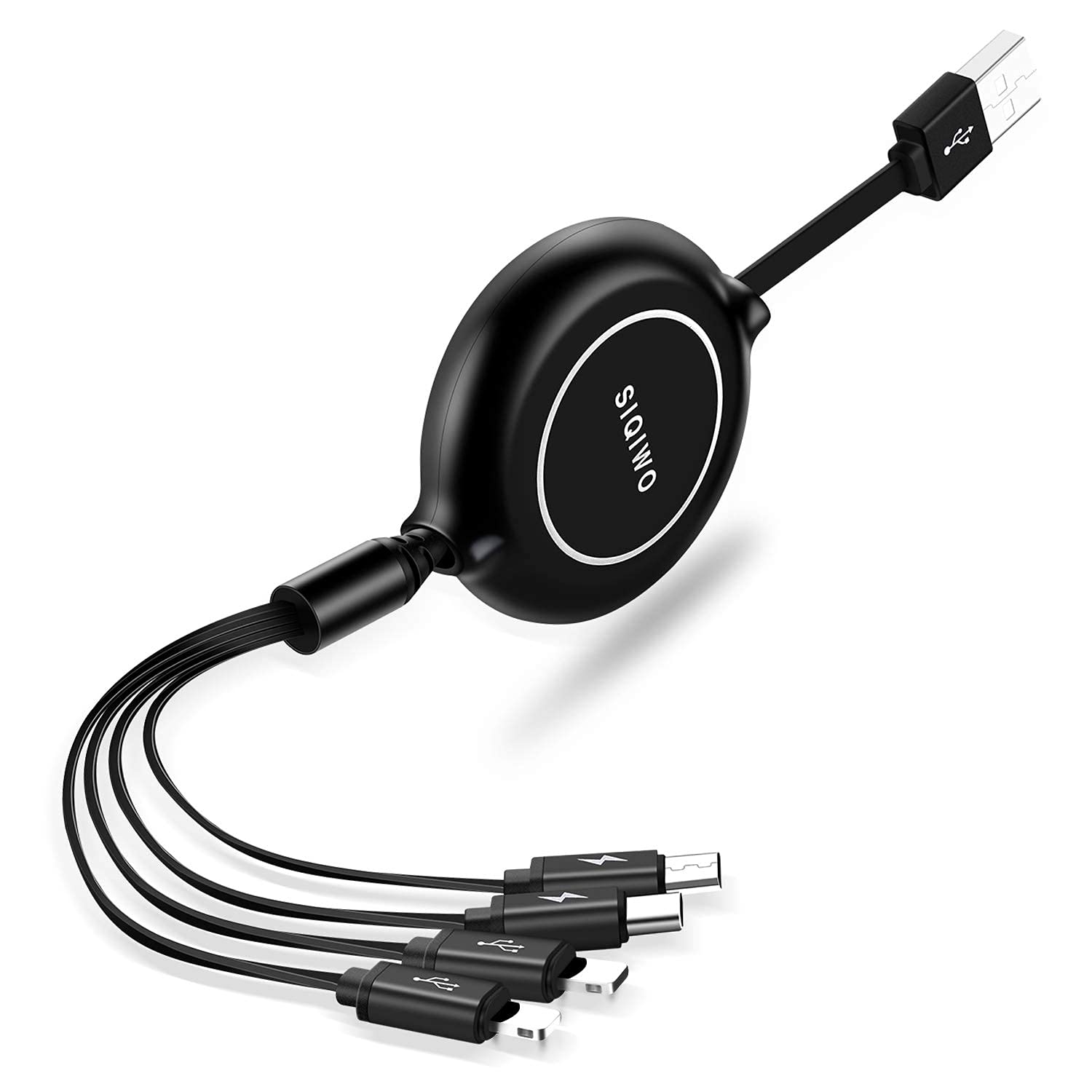 SIQIWO Multi Charging Cable 4 in 1 3A 2.9FT, Universal One-Way Retractable USB Charger Cord Adapter with 2*IP Type C Micro USB Connectors for iOS