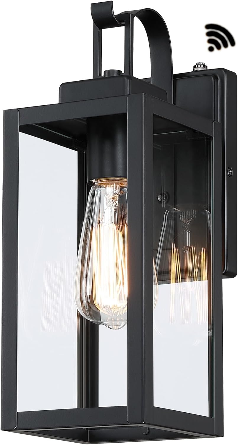 WISBEAM 13.7in Black Outdoor Wall Lantern, Dusk to Dawn Outdoor Wall Sconce, E26 Base 60W Max, Metal Housing Plus Glass, ETL Qualified, Bulbs not Included