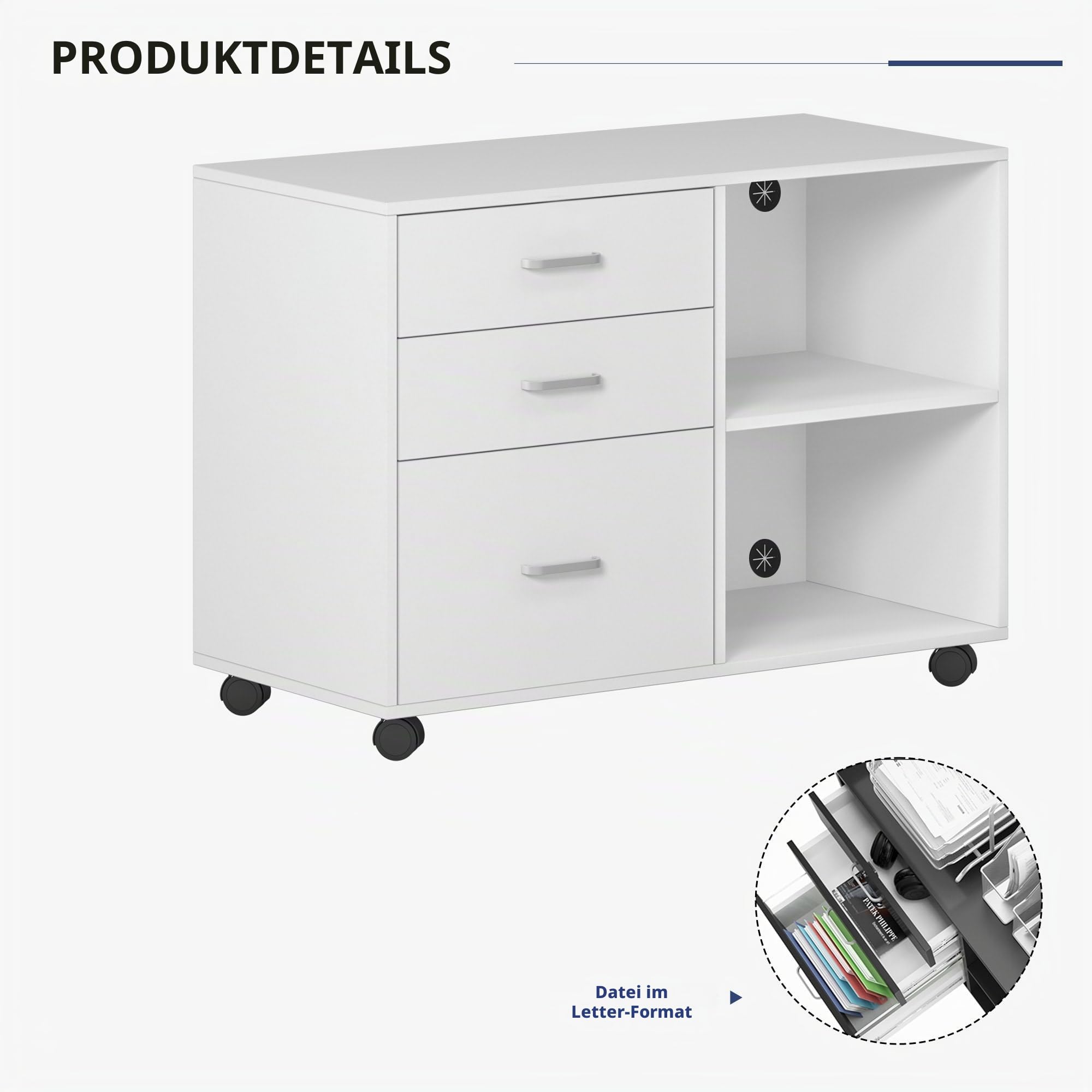SogesHome Aktenschrank Rollcontainer Büroschrank Aufbewahrungsschrank aus Holz auf Rollen mit 3 Schubladen und 2 offenen Ablagen für A4, Legal, Letter Format,80x40x63 cm