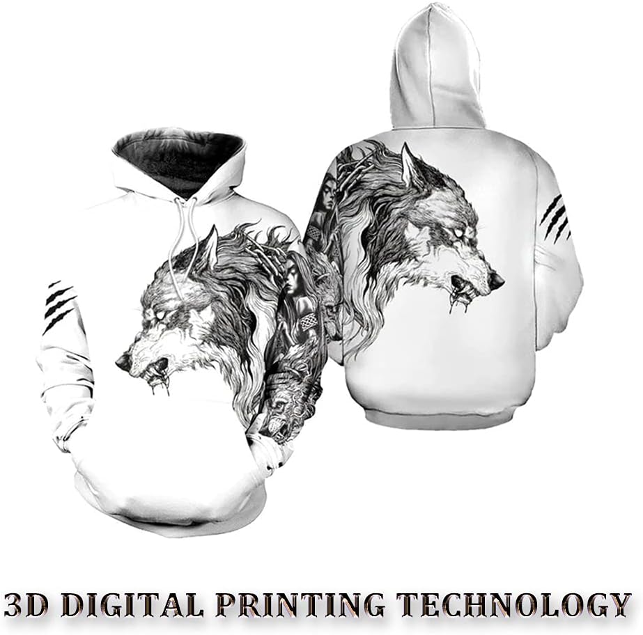 Norse Viking Sweatshirt Hoodie Fenrir Wolf Tattoo 3D Print Pullover Fall Casual Long Sleeves Big Pockets Street Sweater
