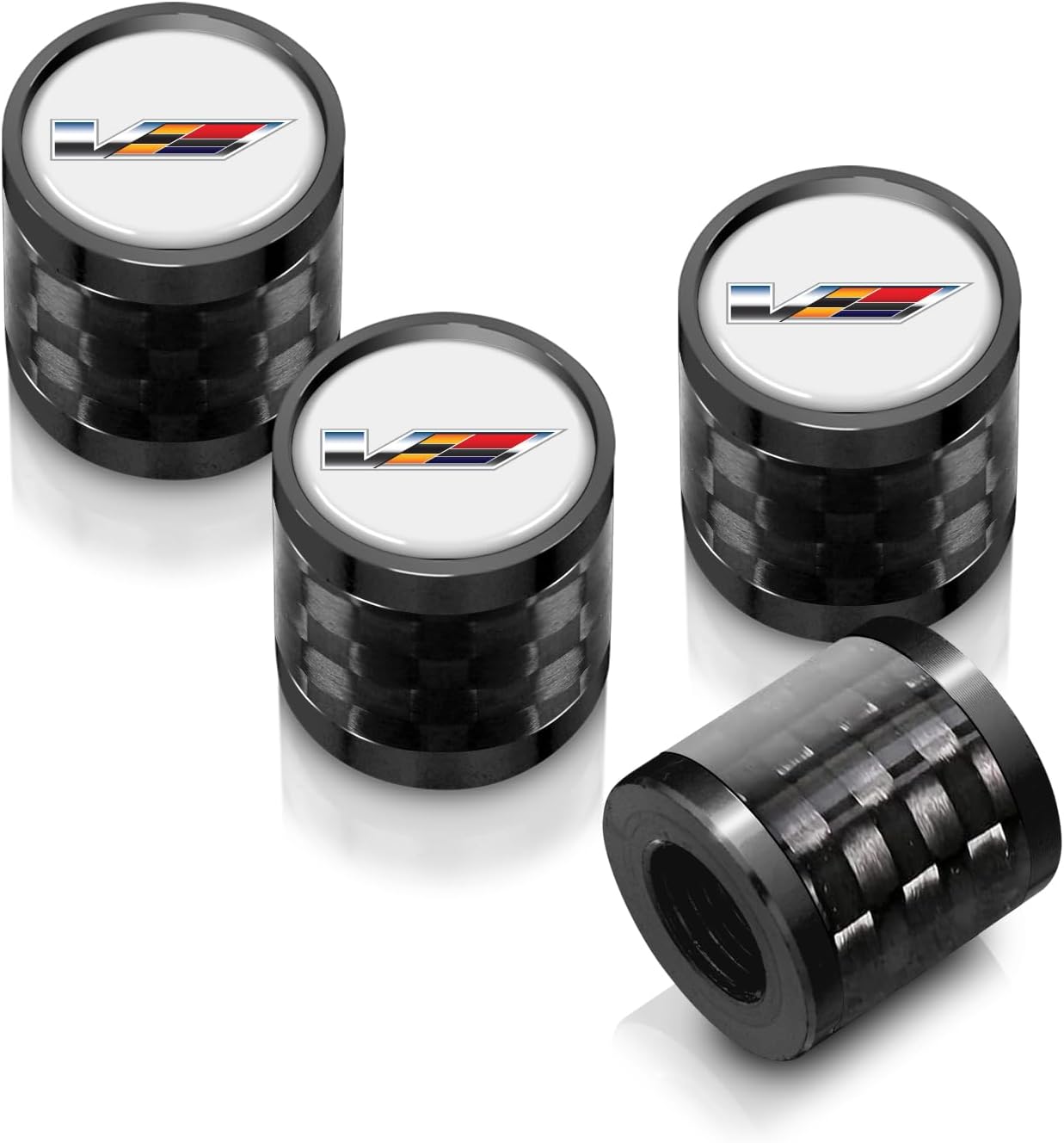 iPick Image for Cadillac V Logo on Real Carbon Fiber Barrel Black Aluminum Tire Valve Stem Caps (Black/Silver)