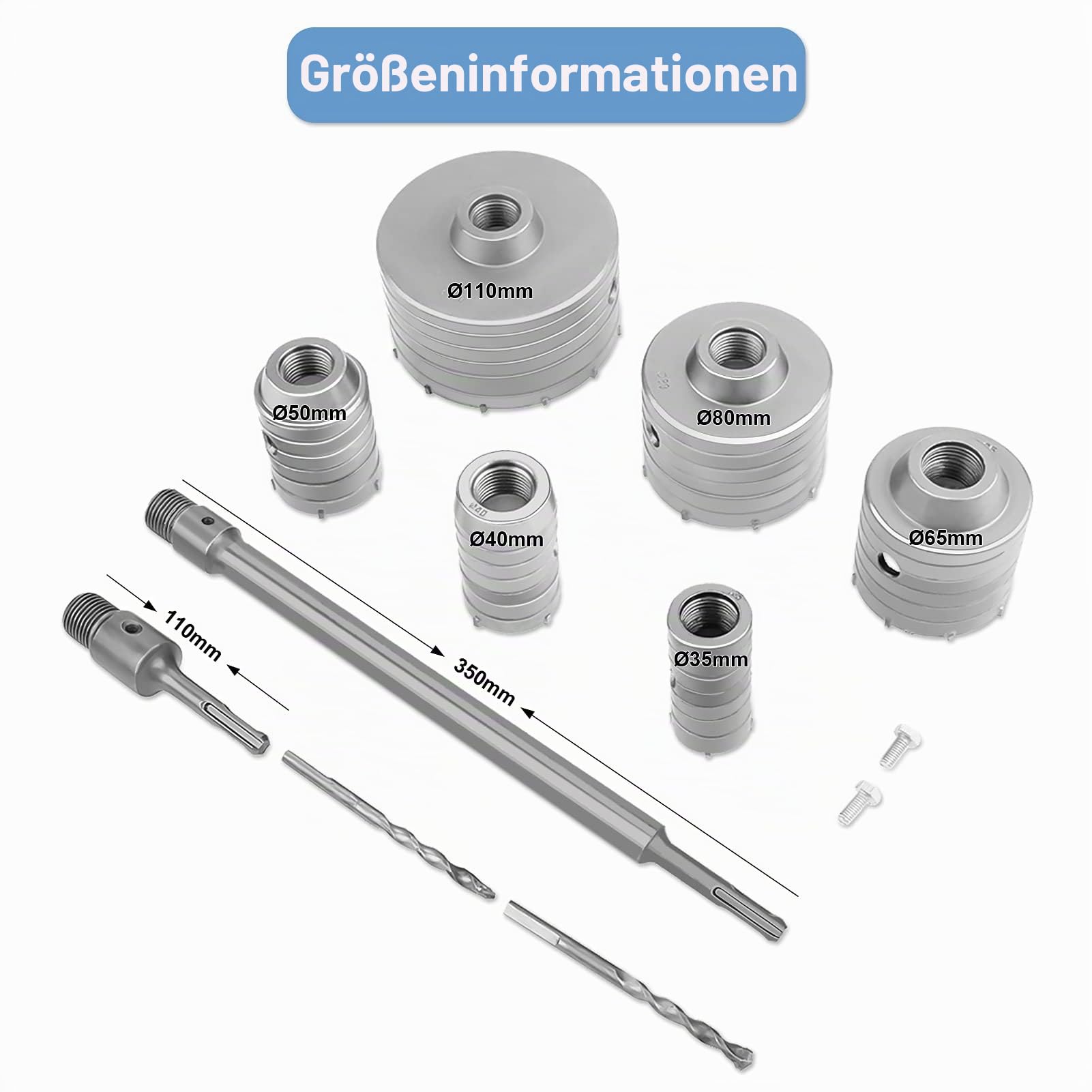 10PCS Hohl-Bohrkrone Set, TCT Kernbohrer Set SDS Plus Verlängerung Schaft Lochsägen Bohrer Ø 35mm 40mm 50mm 65mm 80mm 110mm Dosenbohrer, Bohrkrone Steckdose für Bohrhämmer