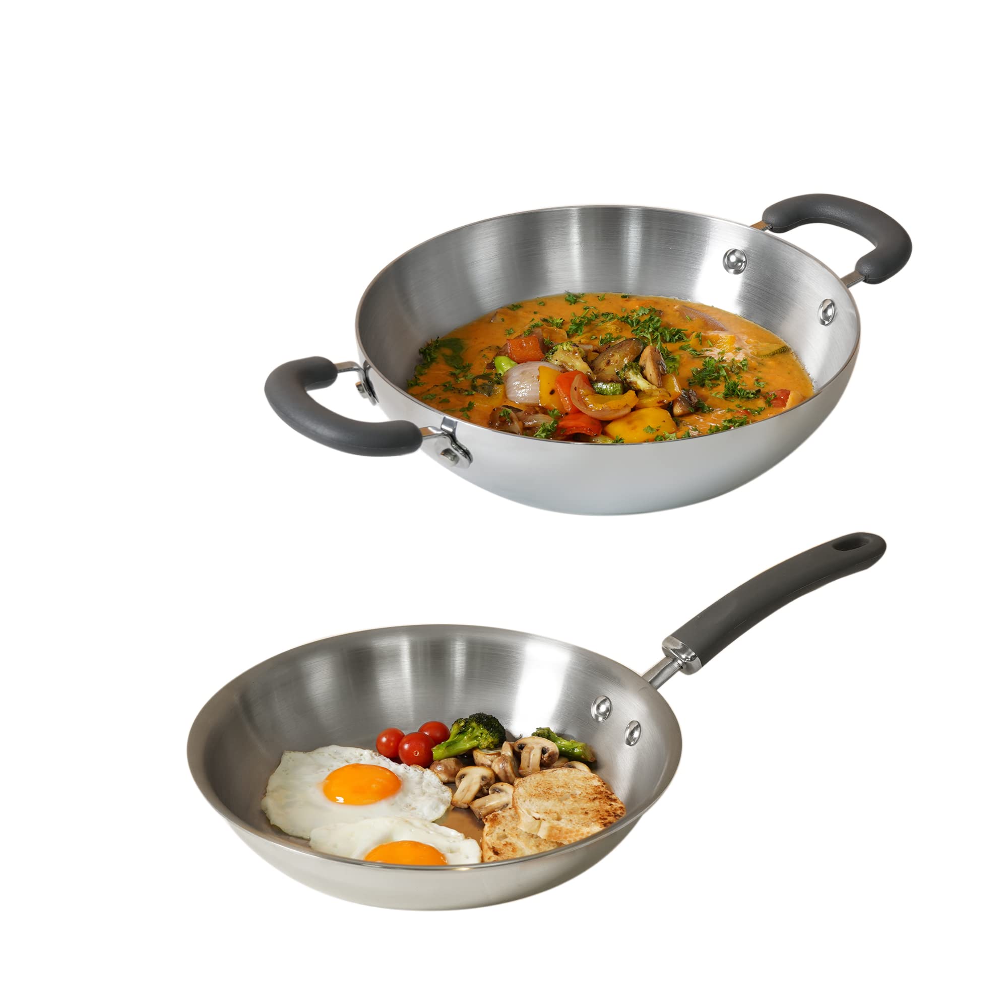 Meyer Trivantage Nickel Free Stainless Steel 3 Piece Cookware Set | Triply Cookware Set with Heavy Bottom | Induction base cookware set - 26cm Frying Pan + Kadai with Interchangeable Lid, Silver (B07YY5HX8R) Amazon Price History, Amazon Price Tracker