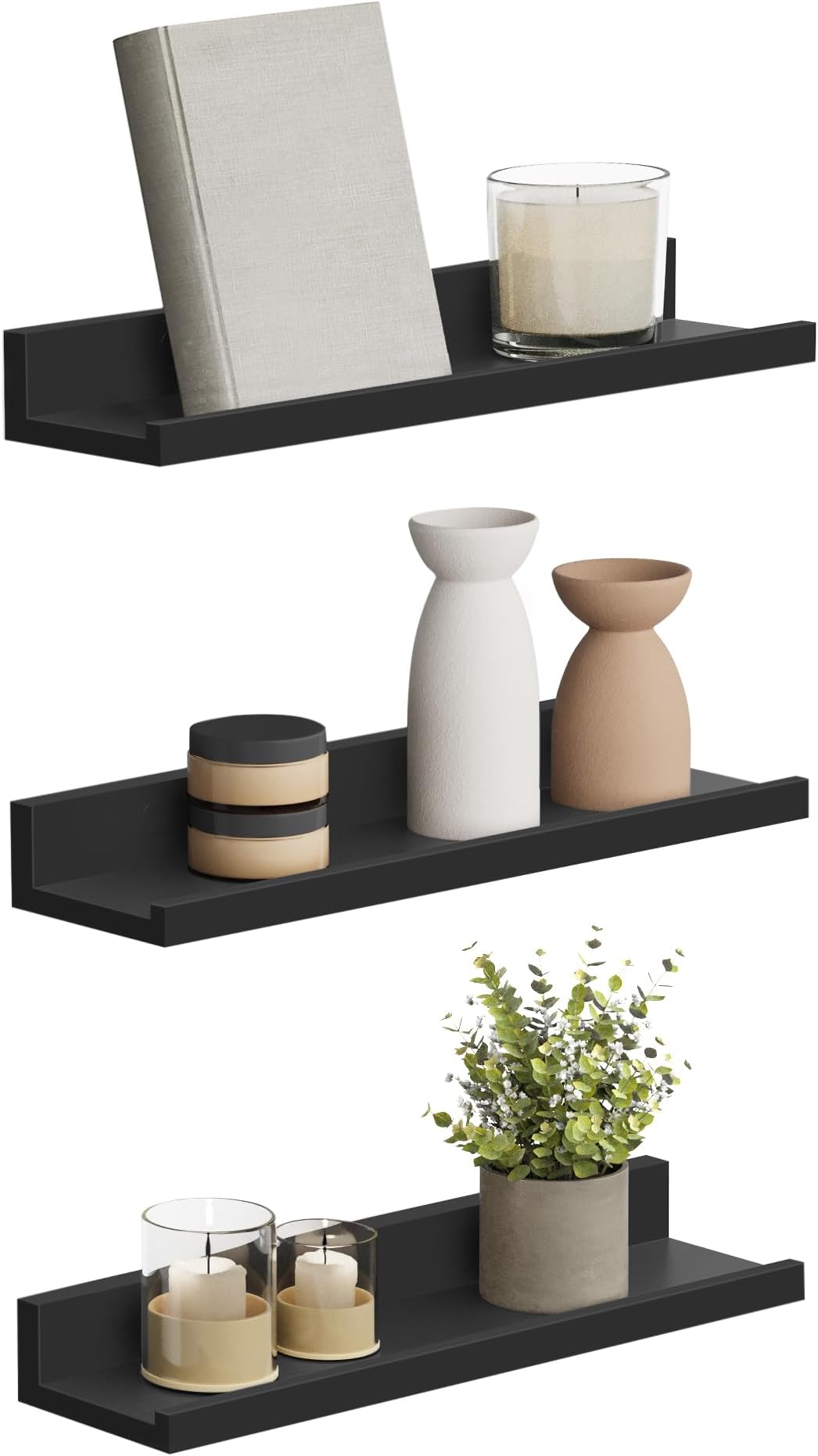 SONGMICS Set of 3 Hanging Wall Shelves, Living Room Decoration, 38 cm Length, Floating Shelf, for Photo Frames, Living Room, Office, Bathroom, Kitchen, Black LWS038B01