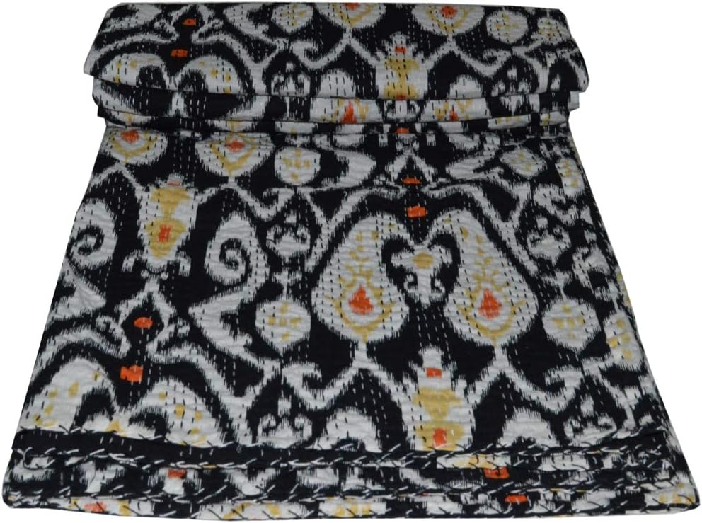 YUVANCRAFTS Indian Handmade Ikat Print Kantha Quilt Queen Size Pure Cotton Kantha Throw Vintage Kantha Bedspread Blanket (Light Yellow) (Turquoise, Twin Size)