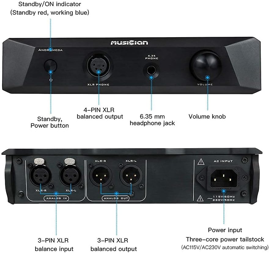 AOSHIDA Musician Andromeda Class A Balanced Headphone Amp Preamp 3-Pin XLR to 6.35mm/4-Pin XLR Earphone Amps 3800mW×3800mW Headphone Amplifiers 3-Pin XLR Preoutput Preamplifiers (Black)